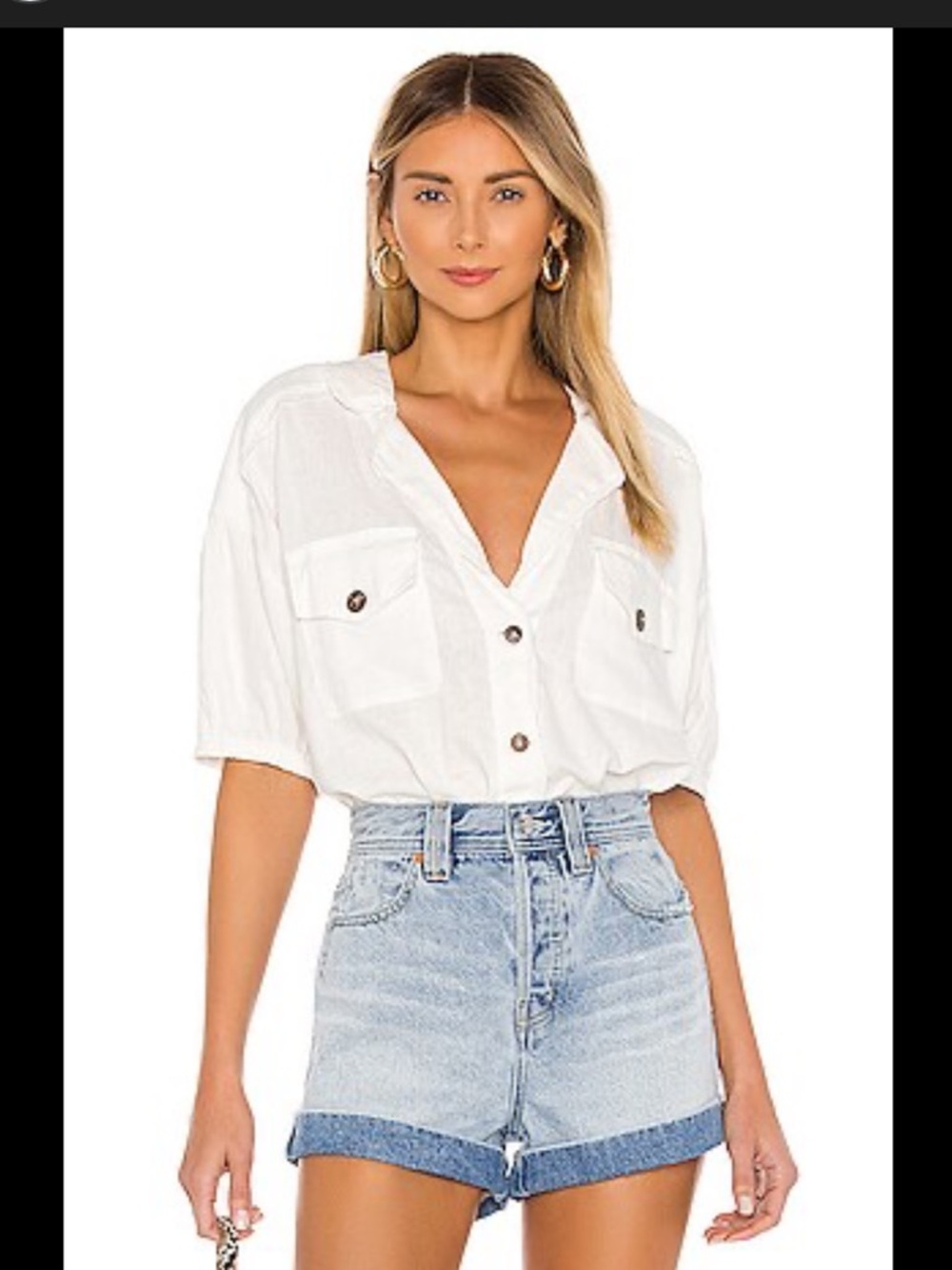 Free People revolve so fari linen blend White Button-Down Short Sleeve Bodysuit